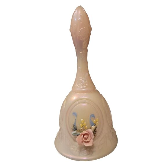 Vintage FENTON Pink Bell Iridescent Art Glass Applied Roses BA Farley Signed 7" - Picture 1 of 13